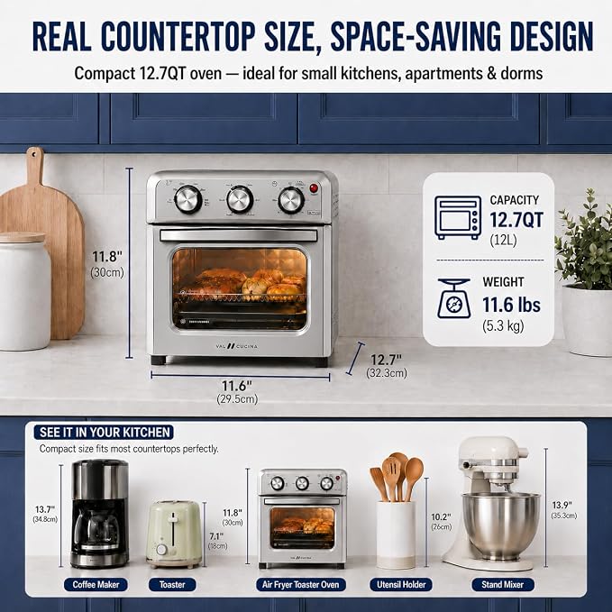 VAL CUCINA 6-in-1 Air Fryer Toaster Oven Combo, Compact 12.7 QT Small Countertop Convection Oven, Fits 9" Pizza & 4 Toast, Hexagon Hybrid Heating, Enamel Baking Pan Included, Stainless Steel Finish