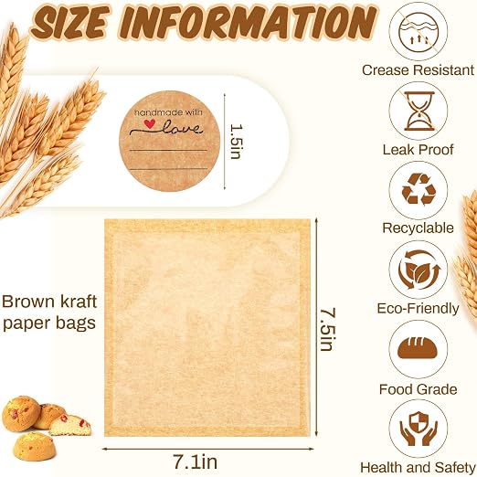Outus 100 Pcs Cookie Packaging Bags with Seal, 7.1 x 7.5 Inch Bakery Pastry Bags with Window, Heat Sealable Grease Resistant Paper to Go Bake Sleeves for Gift Giving Donut Bread Sandwich (Brown)
