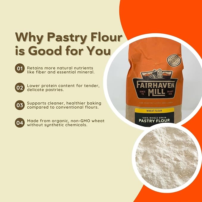 Fairhaven Mill Organic Grain Pastry Flour, 5 lbs Bag | USDA Certified Organic, Non-GMO, Low Protein for Pastry Applications, USA Grown and Milled