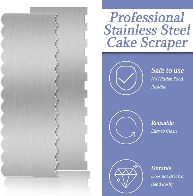 Stainless Steel Cake Scraper, 9 Inch Large Double Sided Patterned Stripe Edge Scraper Smoother, Cake Smoother Scraper for Mousse, Butter, Cream Cake Decoration (2 PCS)