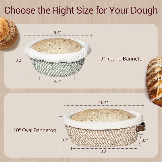 Sourdough Banneton Bread Proofing Basket for Sourdough Bread Proofing | Howasai Sourdough Proofing Basket, 9''Round & 10''Oval Banneton Baskets With Liners & Covers, Cotton Rope Bread Baskets