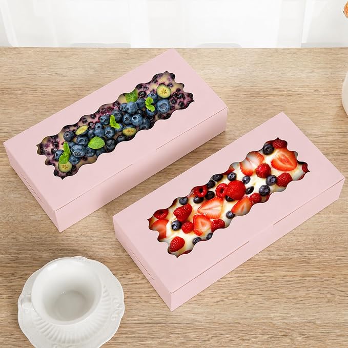50 pcs Pink Cookie Box,12x5.5x2.5 Inch Bakery Boxes with Window Pies Chocolate Strawberries Muffins Biscuit Pastry Dessert Box For Packaging