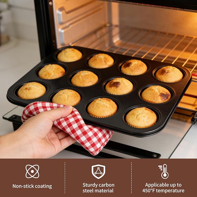 2 Pack 12-Cup Mini Muffin Pan, Heavy-Duty Carbon Steel Nonstick Cupcake Baking Pan, 1.54” Small Size Cups, Even Heat Distribution, Oven & Dishwasher Safe (Black)