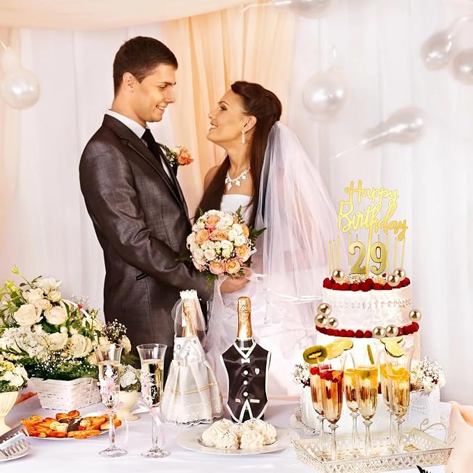 Gold Ball Cake Topper 34Pcs Happy Birthday Cake Toppers Birthday Candles DIY Cake Decorations with Numbers 0-9 for Men Women Wedding Anniversary