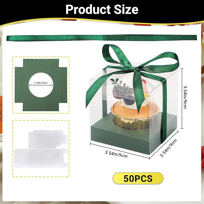 EUSOAR Clear Cupcake Boxes, 3.5 Inch 50 Pack Muffins Gift Wrappers Cake Containers with Inserts and Ribbon, Dessert Pastry Holder Disposable Cookies Carrier for Wedding Party Favor Bakery-Green