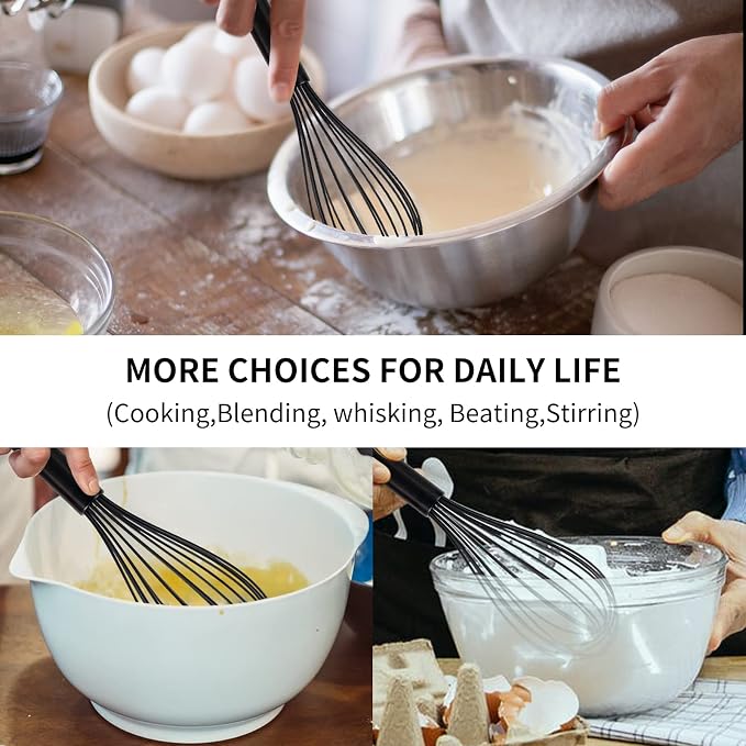 TEEVEA Silicone Whisk Set Non Scratch BPA Free for Nonstick Cookware, 3 Piece 8/10/12 Inch Stainless Steel Core Heat Resistant, Egg Beater for Cooking Baking, Black