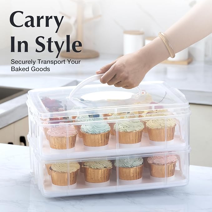 Gencywe Plastic Cupcake Carrier 24 Count, 2-Layer Cupcake Holder Carries with Lid & Handles, Cookie, Cake, Cupcake and Brownie Storage Carrier, Reusable Cupcake Box