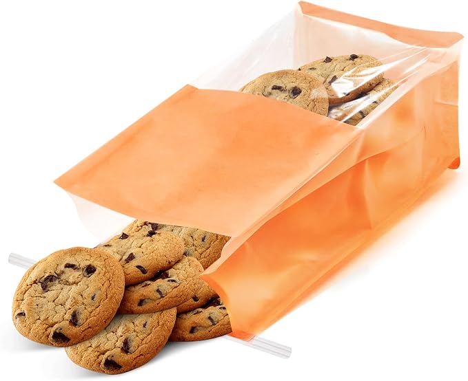 50 Pack Bakery Bags with Window - Reusable Kraft Paper Bread Bags with Tin Tie Tab Lock, Can Stand Upright, Orange