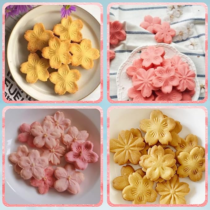 Crethinkaty 5 Styles Cookie Mold Stampers Cherry Blossom Pastry/Stamper Pink Cherry Blossom Shape Flower Hand Pressure Pastry Tool Fondant Cutters Set for Baking