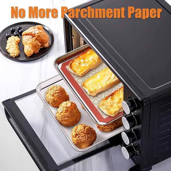 Baking Sheet with Silicone Mat Set of 4 [2 Sheets + 2 Mats], Deedro Stainless Steel Cookie Sheet Baking Pan with Silicone Baking Mat, 10 x 8 x 1 Inch, Non Toxic, Heavy Duty, Easy Clean
