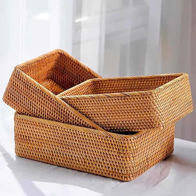 3 Sizes Rectangular Rattan Storage Baskets Handmade Woven Nesting Wicker Baskets for Decor Fruit Tray and Snack Storage Box (Big Basket)