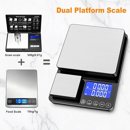 KKZ 0.001oz/33lb Kitchen Scale, Dual Platform Food Scale Grams and Ounces Rechargeable for Weight Loss Baking Cooking Meal Prep Sourdough Bread, Stainless Steel