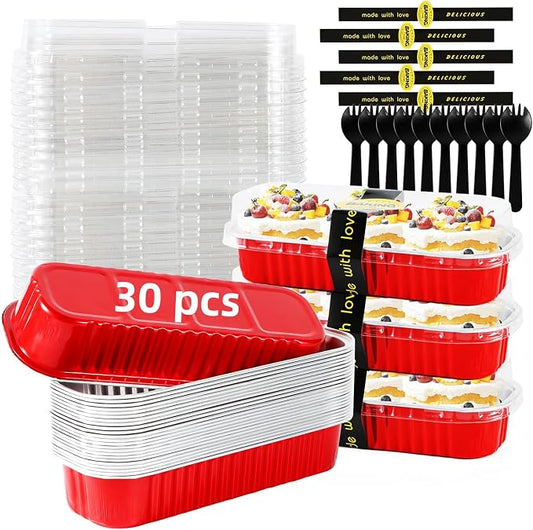 Mini Loaf Pans with Lids and Spoons Sealing Sticker,6.8oz Cake Pans for Baking Disposable Aluminum Foil Pink/Red cake pan (30, 30 Pack Red)