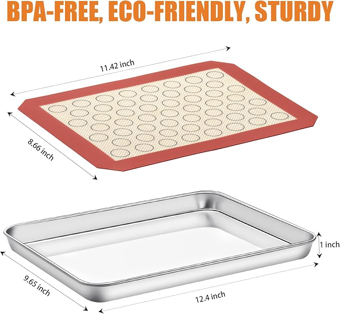 Baking Sheet with Silicone Mat Set of 4 [2 Sheets + 2 Mats], Deedro Stainless Steel Cookie Sheet Baking Pan with Silicone Baking Mat, 12 x 10 x 1 Inch, Non Toxic, Heavy Duty, Easy Clean