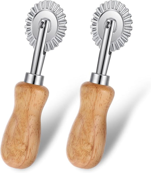 2Pcs Fluted Pastry Wheel, 4.9 Inch Stainless Steel Pastry Wheel with Ergonomic Oak Handle for Pasta, Dumplings & Noodles, 360 Degree Rotary Cutting Tool for Kitchen