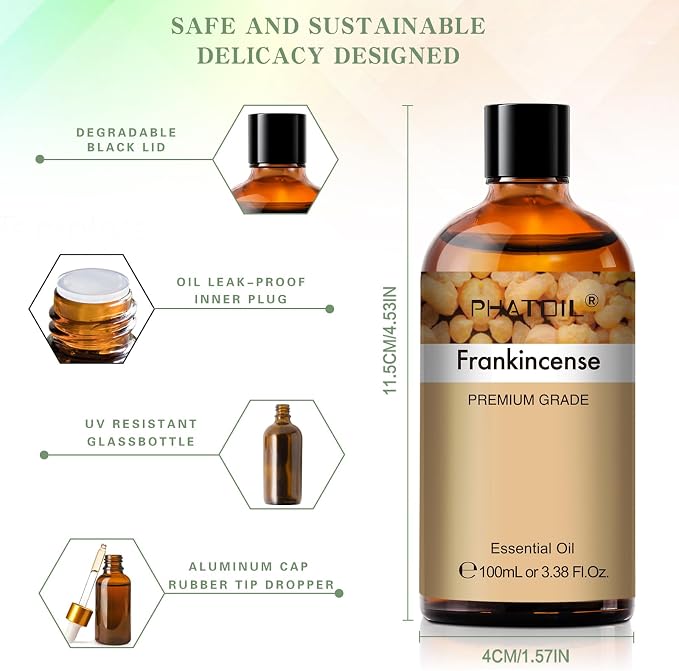 PHATOIL Frankincense Essential Oil 100ML, Essential Oils for Diffuser, Humidifier, Aromatherapy, Perfect for DIY Soap, Candle, Bath Bombs Making