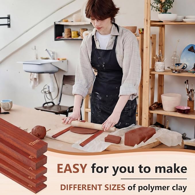 Sasylvia 10 Pcs Clay Pottery Rolling Pin Guides Wood Teaching Rolling Mud Stick Guide Set Polymer Clay Depth Thickness Guide Pottery Mudboard Tools (5 Size,Reddish Brown)