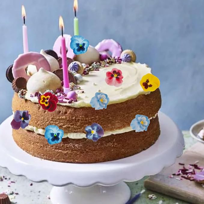 Edible Flowers Cake Decorations Set of 60PCs, Edible Pansies Cake Decorations Wafer Paper Flower Cupcake Toppers for Various Occasions