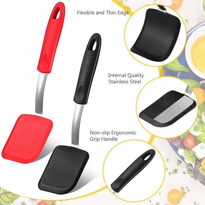 Silicone Cookie Spatula Turner 2 Pack Mini Brownie Spatula Flexible Kitchen Small Silicone Turner for Nonstick Cookware Heat Resistant No Scratch Flipper for Pancake(Solid Flat,Black, Red)