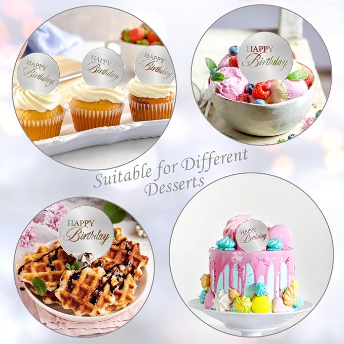 20pcs Silver Birthday Cupcake Toppers Acrylic Cake Picks for Party Decor | Mirror Design Birthday Party Supplies Round Picks DIY Gifts Flower Bouquet Pastries Desserts Decor