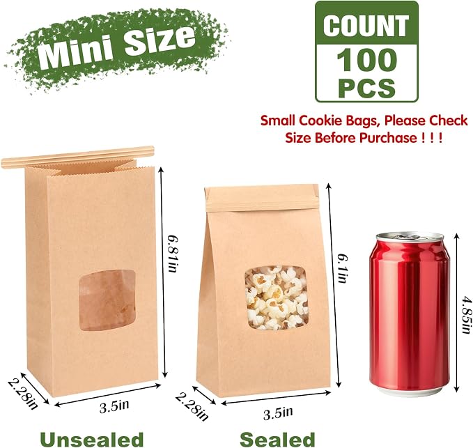 Moretoes 100pcs Small Bakery Cookie Bags with Window, Brown Kraft Paper Bags for Homemade Bread Cookie, 3.5x2.2x6.7in Tin Tie Tab