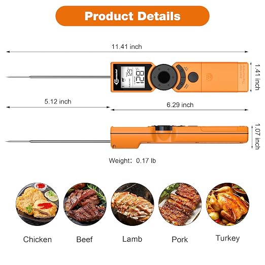 Digital Meat Thermometer for Grill, Instant Read Food Thermometers for Cooking with Food Doneness Guide, Calibration and LCD Backlight Screen, High Accuracy ±1% ℉, BBQ Beef Candy Orange