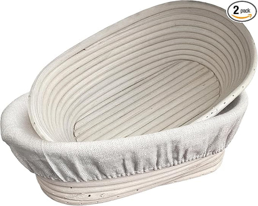 ANHVU HANDICRAFTS Banneton Proofing Basket Set of 2 - Oval 10" x 6" x 3.1" Natural Rattan Dough Rising Baskets with Washable Linen Liners for Artisan Sourdough and Homemade Bread Baking