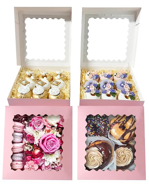 Bakepacker 90pcs Pink Pie Boxes 8x8x2.5 inches Easy Assemble Macaroon Cookie Boxes Bakery Boxes with Window for Bakery (Auto-pop Up)
