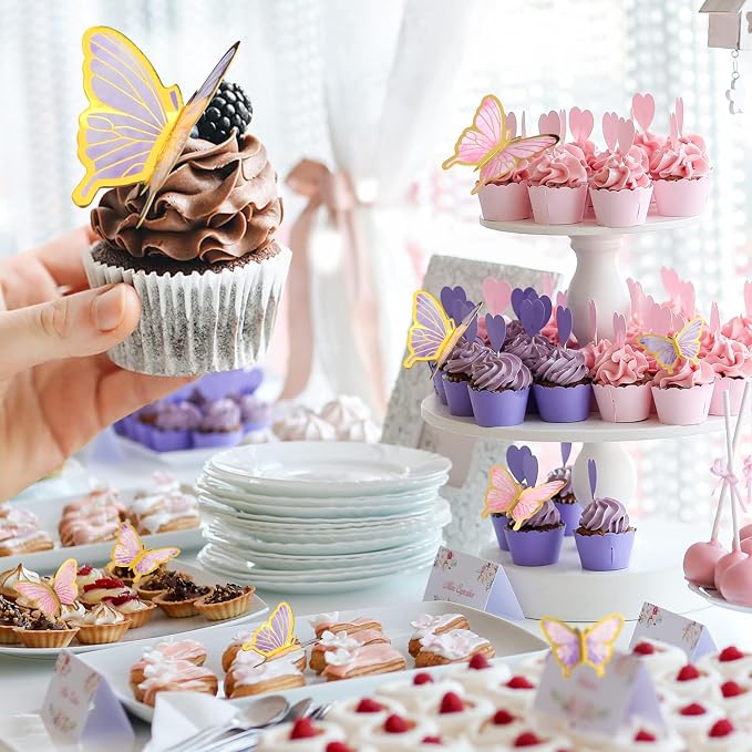 22-Pieces Butterfly Cake Decorations With Happy Birthday Acrylic Cake Toppers for Baby Shower Wedding Birthday Party Decor (Purple & Pink)
