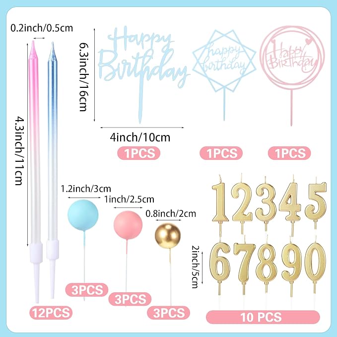Yerliker 34 Pcs Happy Birthday Cake Toppers Decorations Birthday Candles DIY Cake Decor for Men Women Wedding Anniversary(Blue Pink)