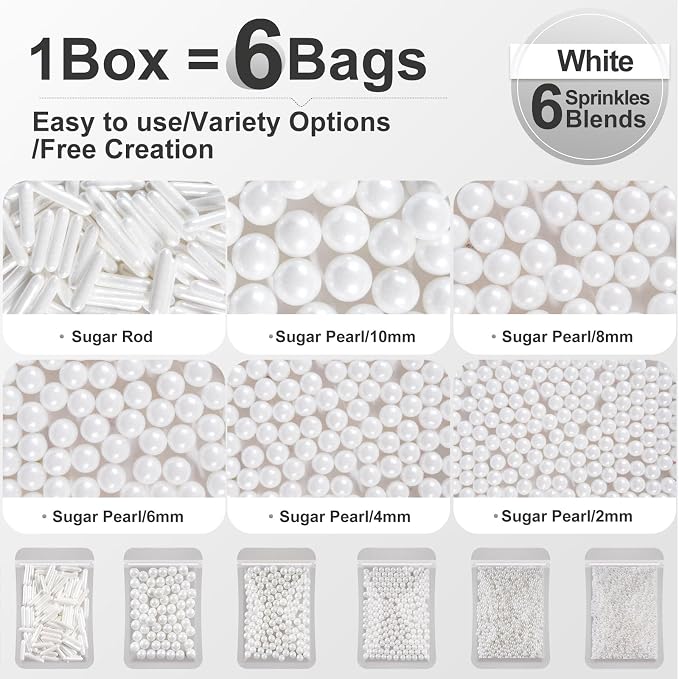 HUEBEATY White Edible Pearls Sprinkles Set with Claw Sprinkle Pen, 6.36oz – Assorted White Cake Sugar Pearls (2mm–10mm) and Sugar Rods Sprinkles for Cake, Cupcakes, Cookies, Wedding & Valentine Desserts
