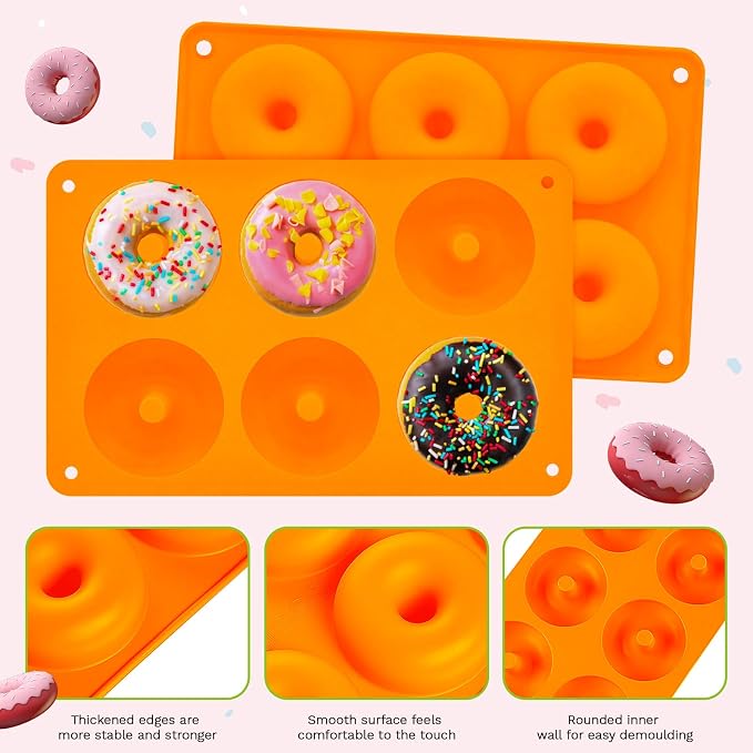 2er Pack Silicone Donut Mold - Non-Stick Silicone Doughnut Pan DIY Chocolate Baking Cookie Molds, Heat Resistant, Make Donut Cake Biscuit Bagels, BPA Free Dishwasher Safe (orange, 6 Cavities)
