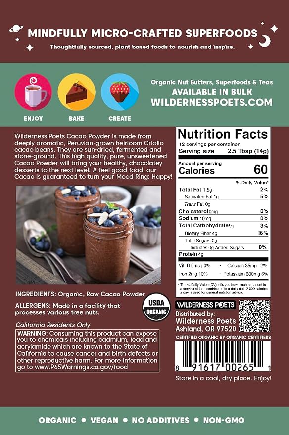 Wilderness Poets, Organic Cacao Powder. Unsweetened, 100% Peruvian Heirloom Cacao (Criollo Variety) - 6oz - 170g
