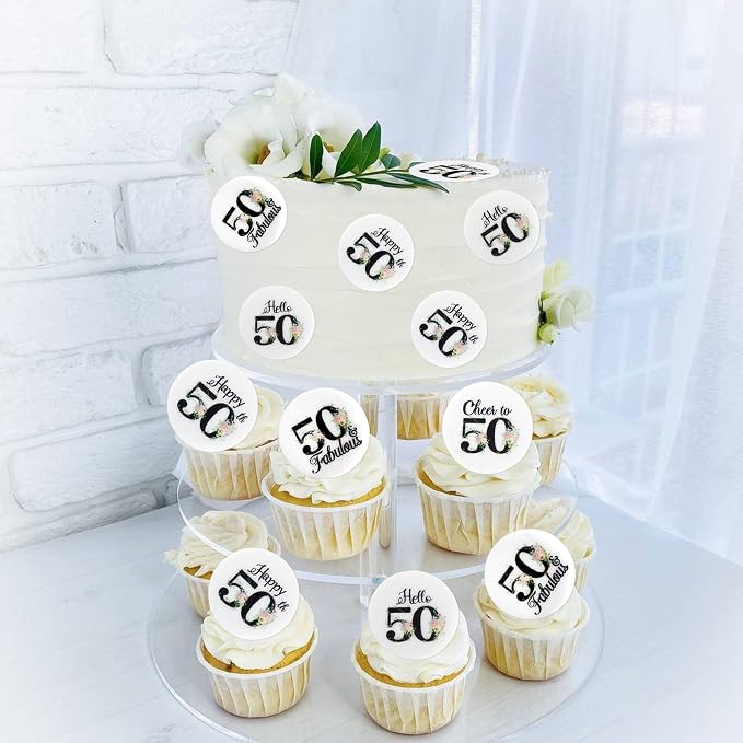 40Pcs Edible Circle Happy 50th Birthday Cupcake Toppers Edible Floral Hello 50 Fabulous Cheers to 50 Cupcake Picks Drink Toppers for Funny Female Floral 50th Birthday Party Decorations