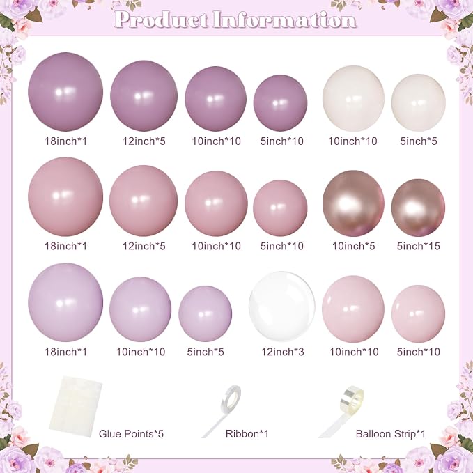 Dusty Purple Balloon Garland Arch Kit 126Pcs Light Pink Lavender Purple and Sand White Balloons for Birthday Baby Shower Bridal Shower Wedding Party Decorations