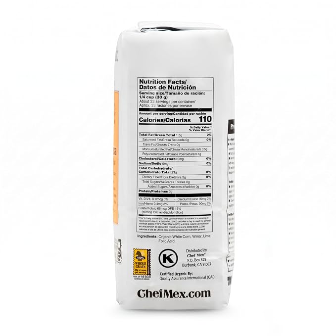 Chef Mex® Organic Corn Masa Gourmet Whole Grain Flour, USDA Organic, Non-GMO, Gluten Free, 2.2 lbs