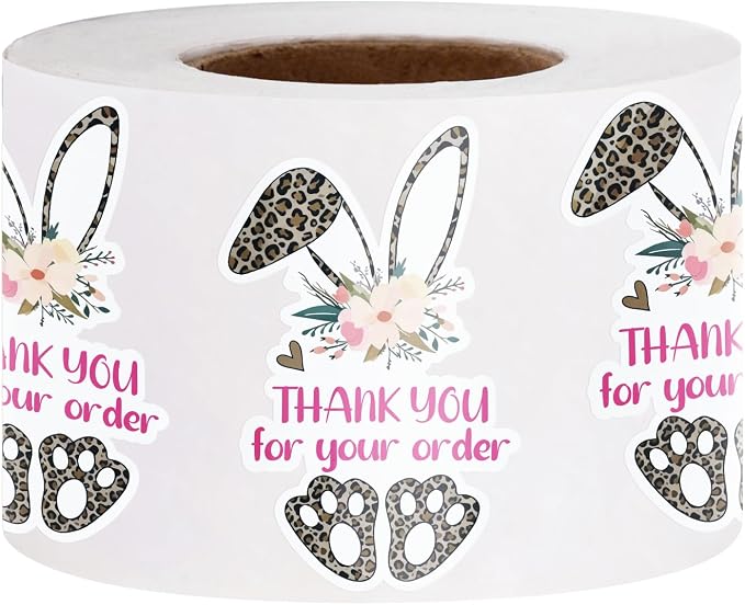 WRAPAHOLIC 1.57 x 2.5 Inch, 500 Total Business Stickers Roll - Leopard Bunny Design, Thank You Lables, Shipping Stickers for Baby Shower and Party Decorations