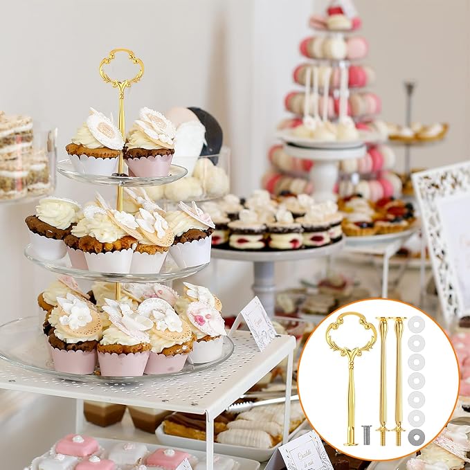 Patelai 6 Sets 3 Tier Cake Stand Hardware Tiered Tray Plate Hardware Kit Heavy Metal Cake Fruit Food Plate Stand Fitting Stacking Kit for Serving Dessert Cupcake Dish (Sun Flower,Gold)