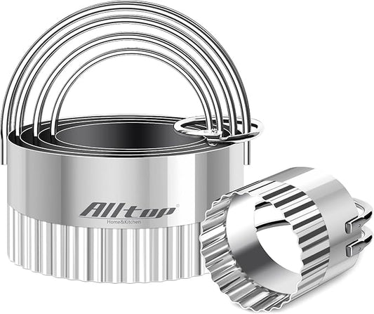 ALLTOP 5 Piece Round Biscuit Cutters with Handle, Stainless Steel Circle Cookie Cutter with Fluted Edge, Professional Baking Essential Tool for Pastry,Scone,Donut
