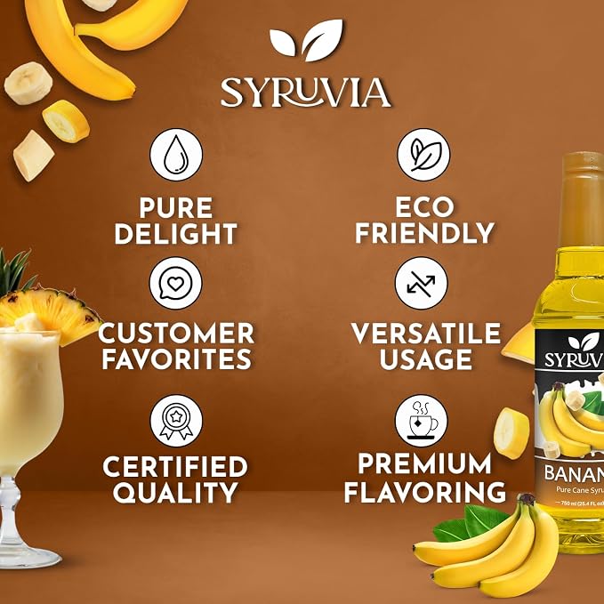 Syruvia Banana Syrup, Flavored Syrup for Coffee, Fruit Drinks, Lemonades, and Desserts – 25.4 fl oz - with Pump