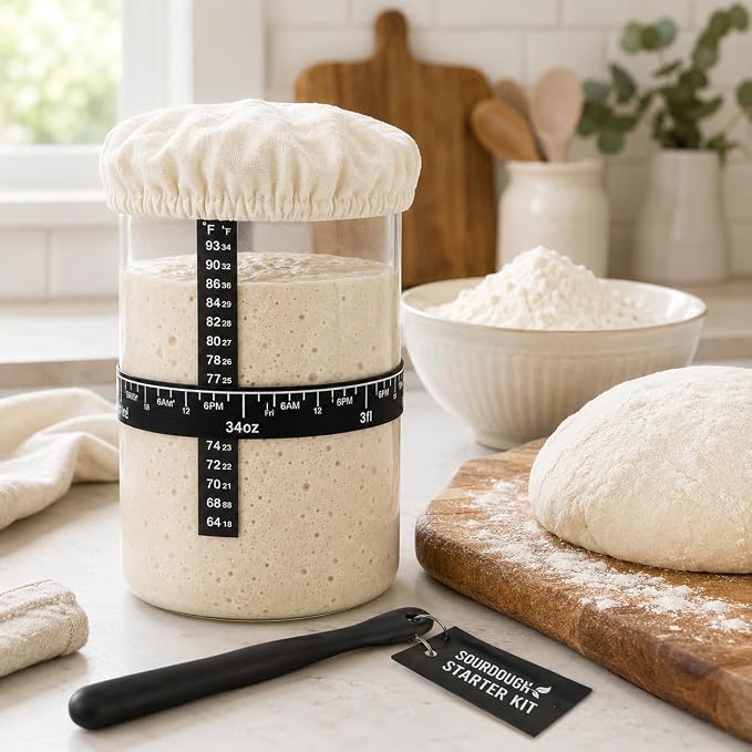 Sourdough Starter 35 Oz Jar,Glass Sourdough Bread Baking Supplies with Wooden Handle Lid,Sour Dough Bread Starter Jar Kit,Date Marked Feeding Band,Thermometer,Silicone Scraper,Sewn Cloth Cover