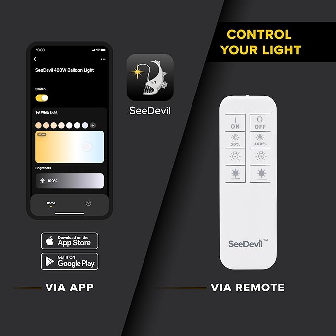 SeeDevil 60 Watt LED Balloon Light Kit, 120 Volt, 7,800 Lumen, 3000K - 5000K, Color Temperature Changing, 6.5 Ft Tripod, Glare Free Indoor/Outdoor Area Light, Remote/APP Dimmable