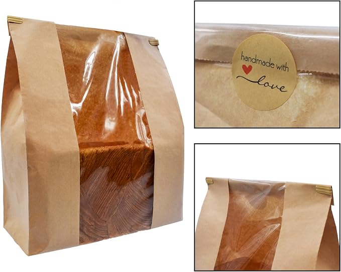 150 Pack Large Paper Bread Bags for Homemade Bread Sourdough Bags 14" x 8.3" x 3.5" with Tin Tie Tab Lock Clear Front Window Bakery Bag Packaging Cookie Bag with Label Seal Stickers