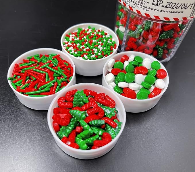 Christmas Sprinkles Pearl Sugar Green Red Candy 120g/ 4.2oz Baking 4-cell Edible Chirstmas Tree Crutch Cake Decorations Cupcake Toppers Cookie Decorating Ice Cream Toppings Celebrations Shaker Jar