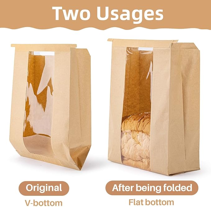 MAQIHAN 33PCS Bread Bags with Reusable Ties - Homemade Sourdough Bread Storage Brown Paper Bagel Loaf Bakery Bags with Window Toast Bags with Resealable Tie Disposable Baked Goods Sale Packaging