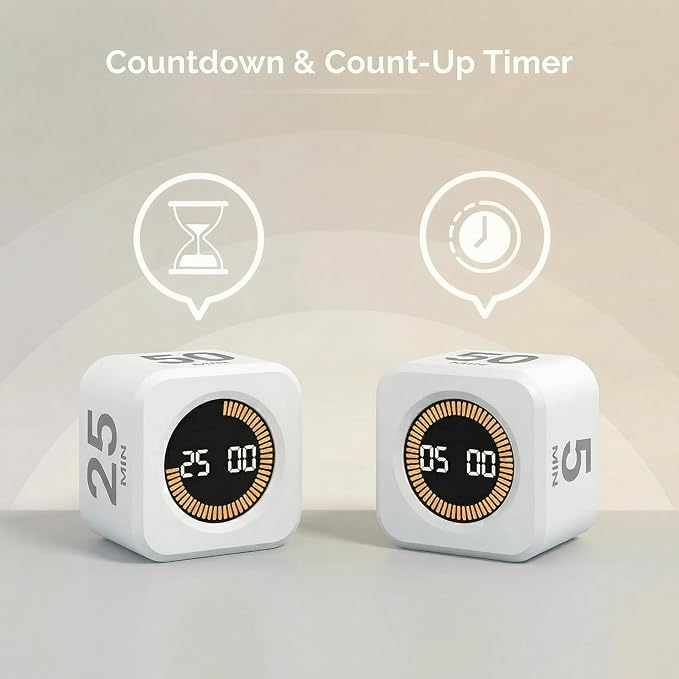KADAMS Pomodoro Cube Timer Productivity Visual Timer - 5/10/25/50 Min Rotating Countdown (2 Pack Black & White)