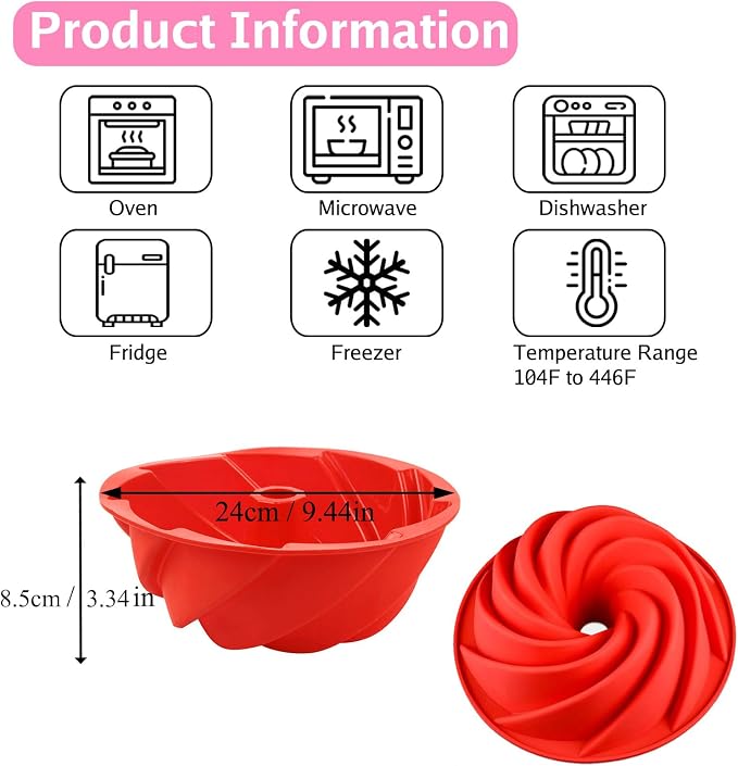 Joyeee 9.6'' Spiral/Burgundy Wine Cake Mold Pan, Silicone Baking Mold for Birthday Cake, Muffin, Bread, Pie, Flan, Tart, Mousse, Cheesecake - Non-Stick Baking Trays - Great For Parties, Holidays
