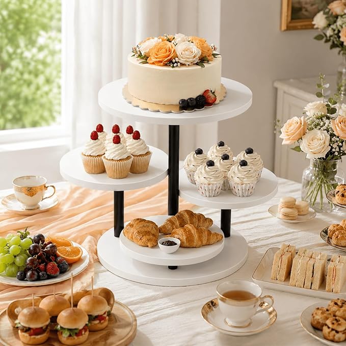 ELITEROO 4 Tiered Wooden Cupcake Stand, Round cake and cupcake stand combo with serving Tray, 360°Rotating Dessert Tower for Pie Table Display Rack for Wedding Birthday Baby Shower Tea Party, White