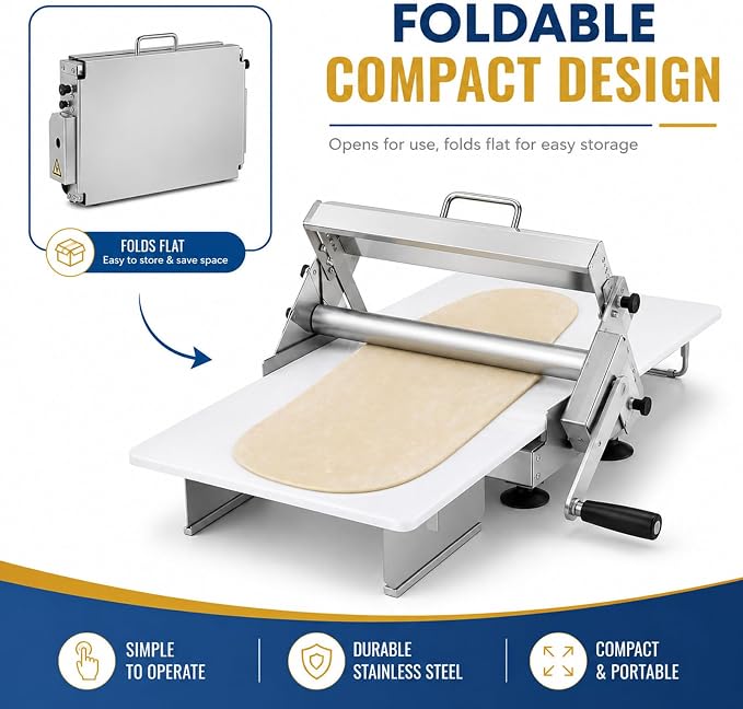 15.75 Inch Folding Dough Sheeter, Manual Stainless Steel Countertop Dough Roller Machine with 0-25mm Adjustable Thickness for Croissants, Pizza, Puff Pastry, Pasta & Fondant