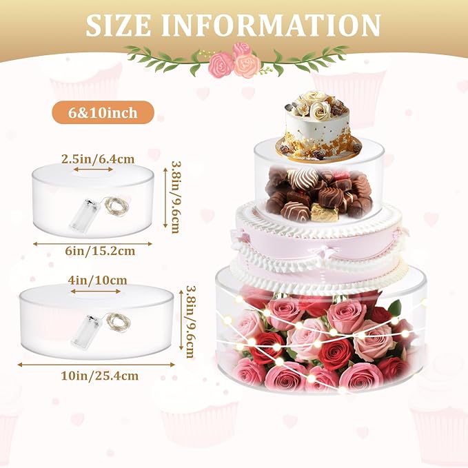2Pcs Acrylic Cake Display Stand 6'' 10'' Round 2 Tier Clear Cylinder Cake Box for Wedding Birthday Party Decor (6 / 10 Inch)